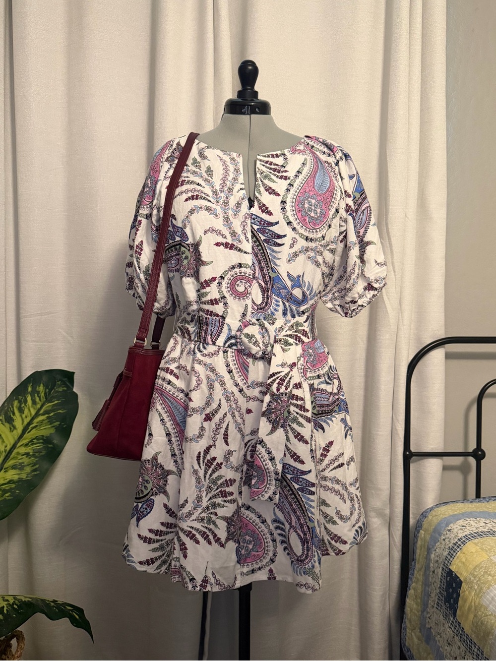 LOFT White Linen Blend Dress with Paisley Accents and Matching Belt NWT